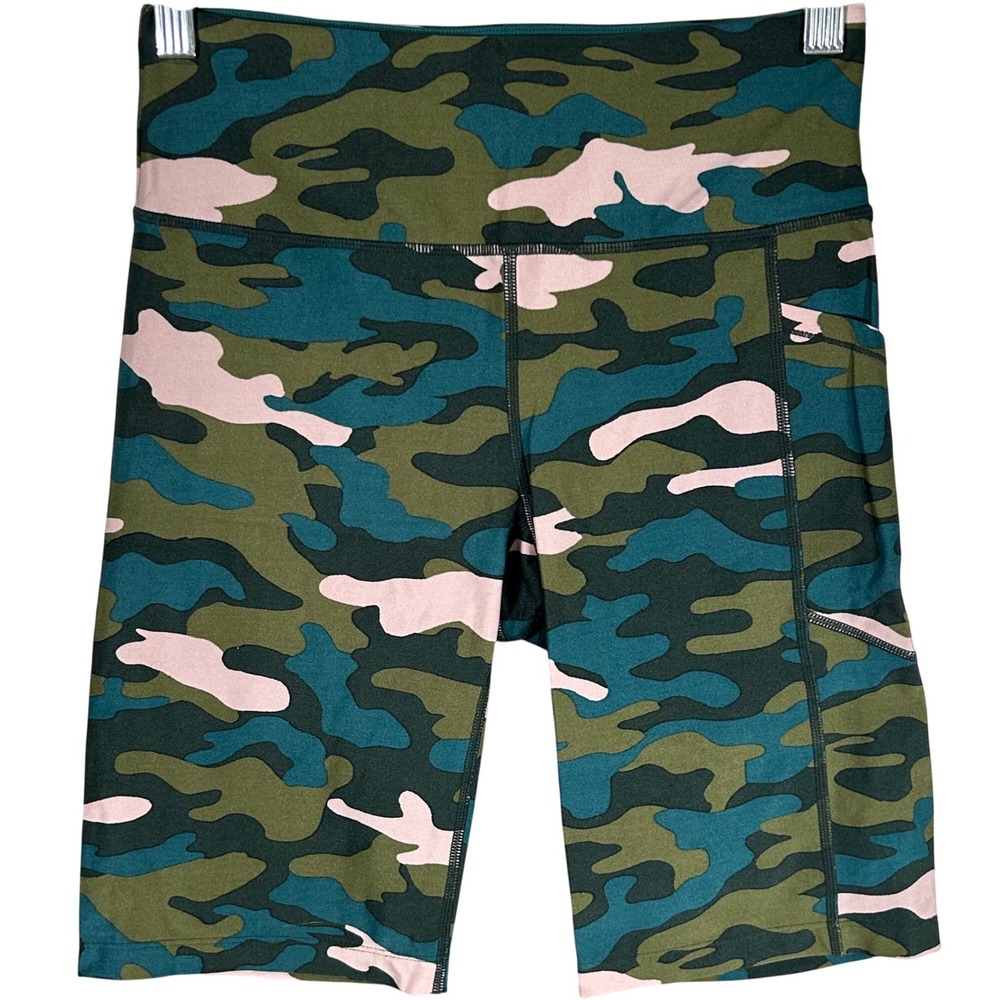 Calvin Klein Performance Womens Pink Green Camo Biker Shorts Side‎ Pocket Small